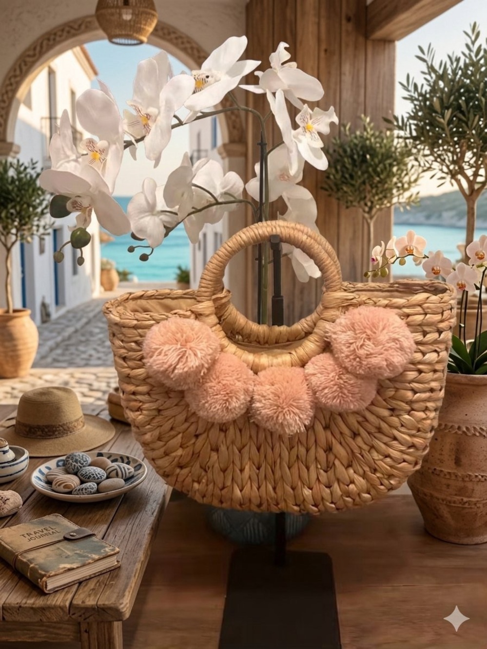 Straw Pom-Pom Tote Bag — Pink Pom Accent